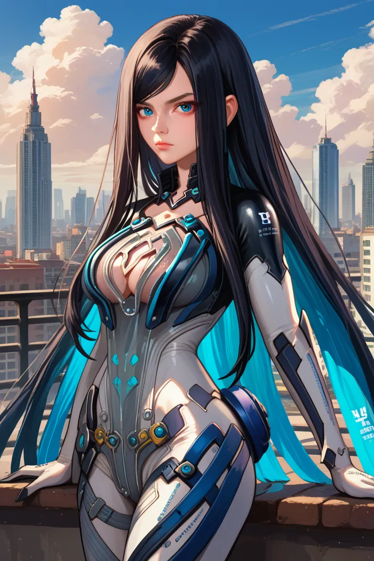 score_9, score_8_up, score_7_up, score_6_up, source_anime, 1girl, solo sbRav, black hair, swept bangs, very long hair, blue eyes, black bodysuit, two-tone bodysuit, grey pants, collarbone, cleavage cutout, gloves, gauntlets, large breasts, blue sky, clouds...