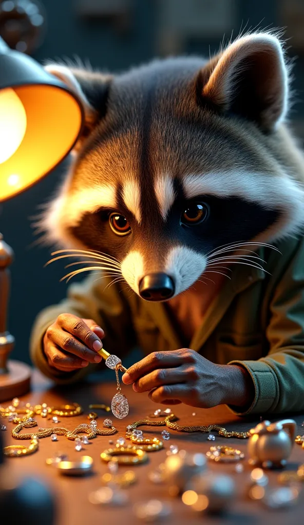 A close-up of a human-like raccoon, wearing a magnifying headset and a tailored vest, meticulously working on a delicate piece of jewelry. His nimble paws handle tiny gemstones and tools with precision, while the table is cluttered with intricate jewelry p...