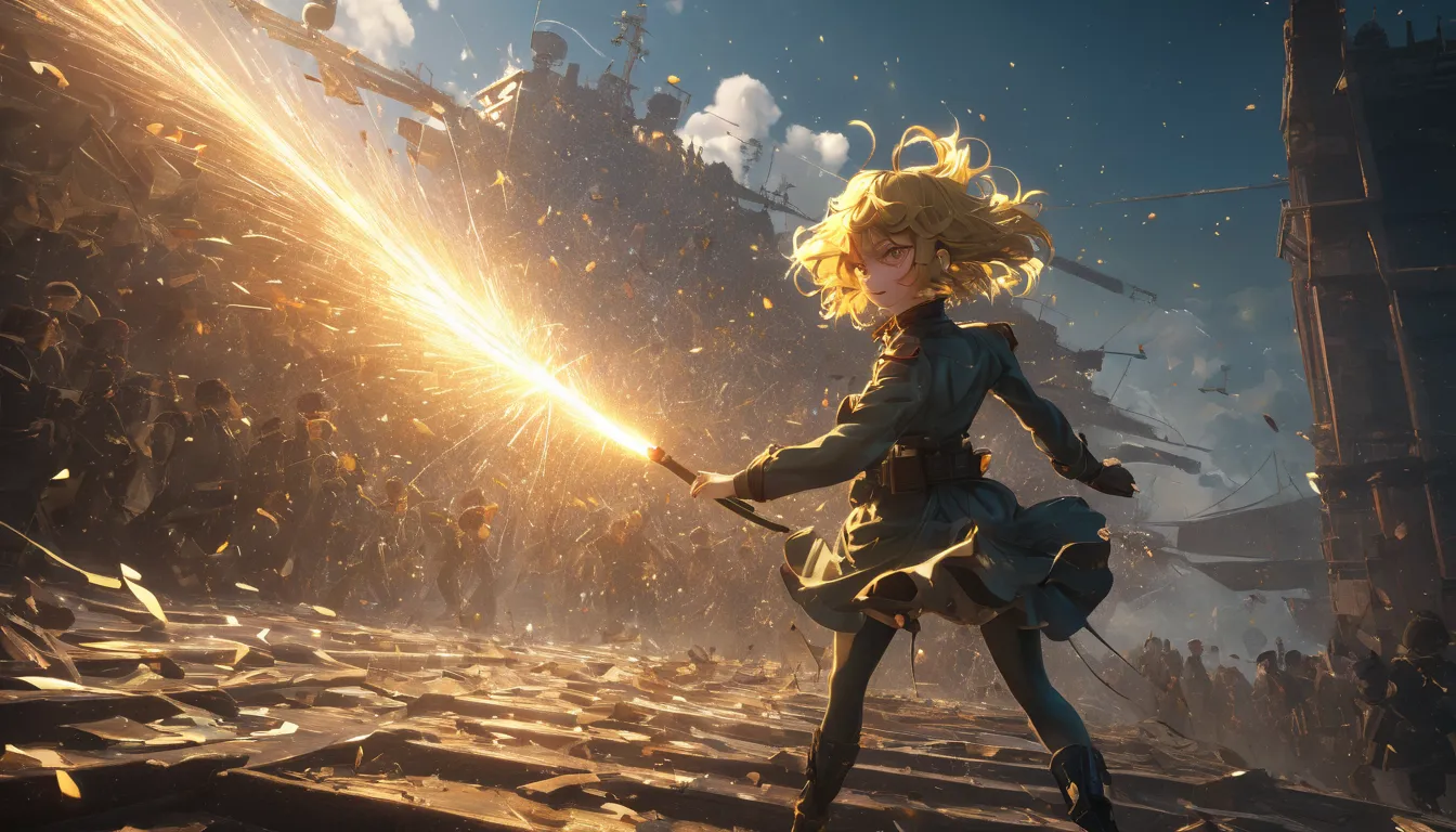 movie scene, hero view, Tanya Degurechaff, Youjo Senki action pose, detailed background, masterpiece, better quality, dancing, highres, absurdities, ( extremely detailed oil painting :1.2), glitter effects, divine rays, hand drawing, render, 8k, octane ren...