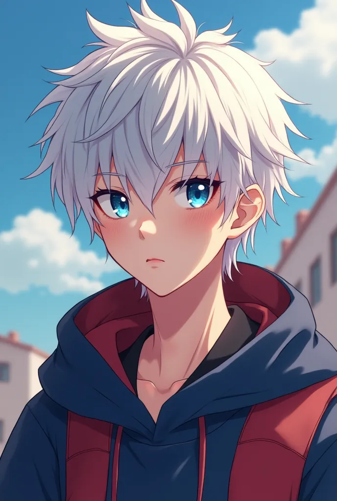 An 18-year-old boy with beautiful white hair and blue eyes wears Barcelona and encourages Barcelona Anime,anime character, accurate face ,feature details,excited facial expression,centered body position,5 additional reasonable details,High quality sweat,Su...