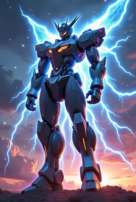 Sci-fi anime mecha god dragon Knight gundam zeus with radiant electricity wings and cosmic energy 