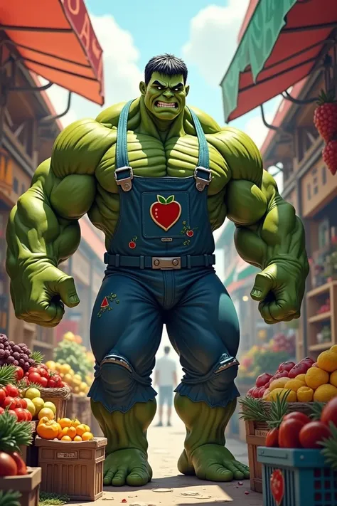 Hulk is working at a fruit market. Hulk is wearing a blue uniform with fruit symbols on it. 