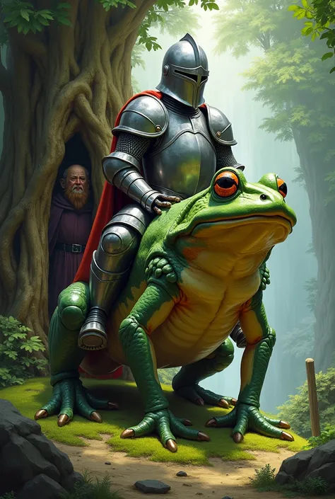 Make me a knight in armor riding a frog and behind a hidden tree a dwarf wizard