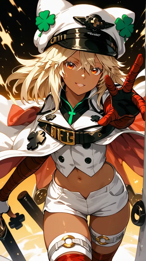 score_9, score_8_up, score_7_up, source_anime, solo, 1girl, ramlethal from guilty gear, dark-skinned female, looking at you, standing, outstretched arm, long hair, blonde hair, white headwear, hat, four-leaf clover, orange eyes, white cape, collared cape, ...