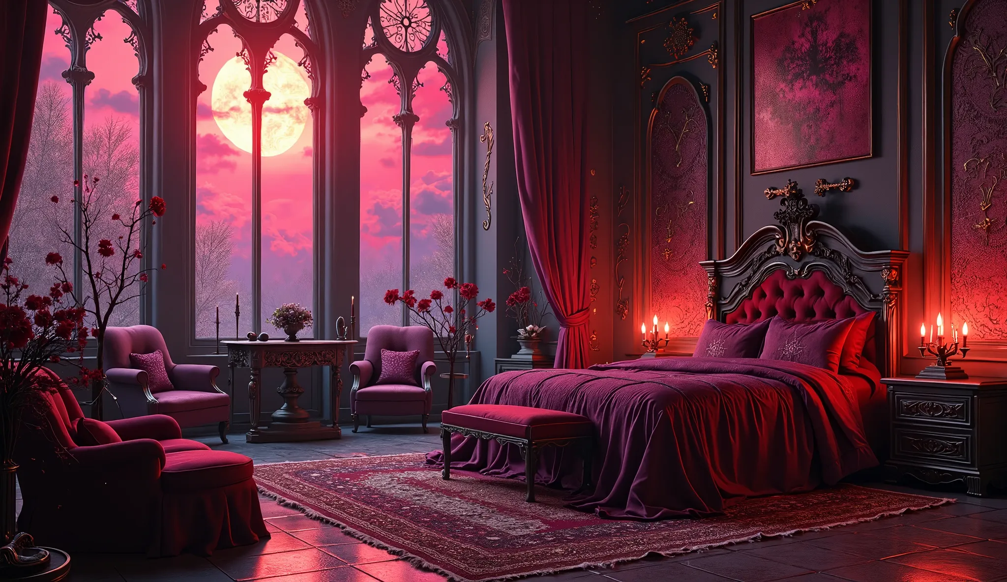 big vampire style bedroom, art studio, red pink purple sky window, detailed vampire bedroom interior, vampire themed art studio, dramatic lighting, dark mood, ornate furniture, gothic architecture, cobweb textures, candelabra, occult decor, moody lighting,...