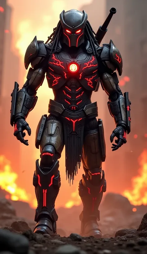 From the burning ruins, something monstrous emerges—a fusion of man, machine, and primal fury. War Machine and Predator have become one, an unstoppable war-beast clad in obsidian battle armor, reinforced with alien technology and ancient hunter instincts. ...