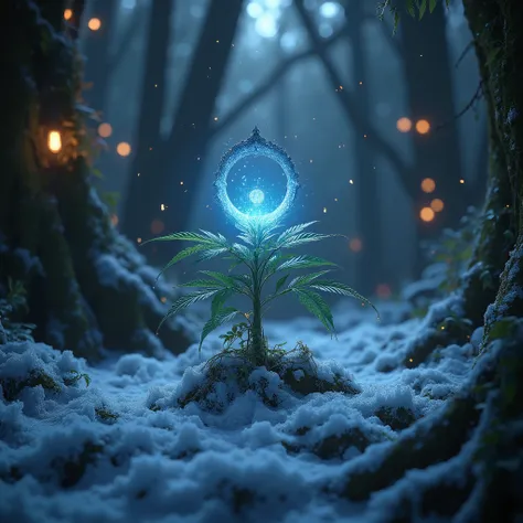 there is a magic ring on the hemp, glows with magical light, magic is circling around the hemp, , fairy tale, Night,  fairy lights , in the background, a snowy forest. the glowing eyes of mysterious animals peek through the trees