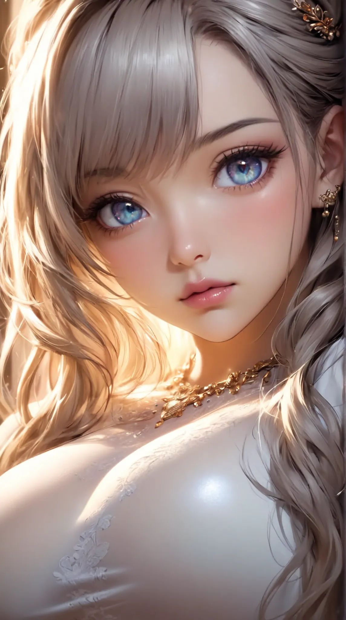 32k award winning Masterpiece. Highest possible detail. Extremely hyperrealistic skin textures with pores. shy eyes. 32k Ultra HD. Best quality highest detail. Extremely busty, curvaceous, very cute innocent woman with extra large gigantic ggg breasts. Ful...