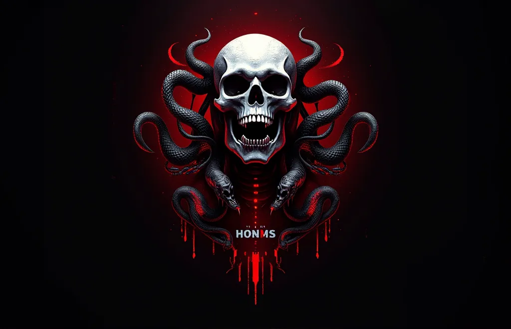 Create an image of hacking logo of team name " ABN HOMS " in theme of black and red also add team name " ABN HOMS" add some skulls and snakes