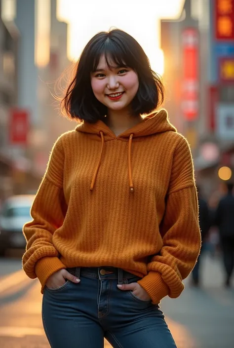 young fat woman, fat body, denim pants, hoodie, looking at me, smiling, black hair, bob cut, high quality, detailed portrait, realistic, photorealistic, cinematic lighting, dynamic pose, intricate facial features, delicate skin texture, warm color palette,...