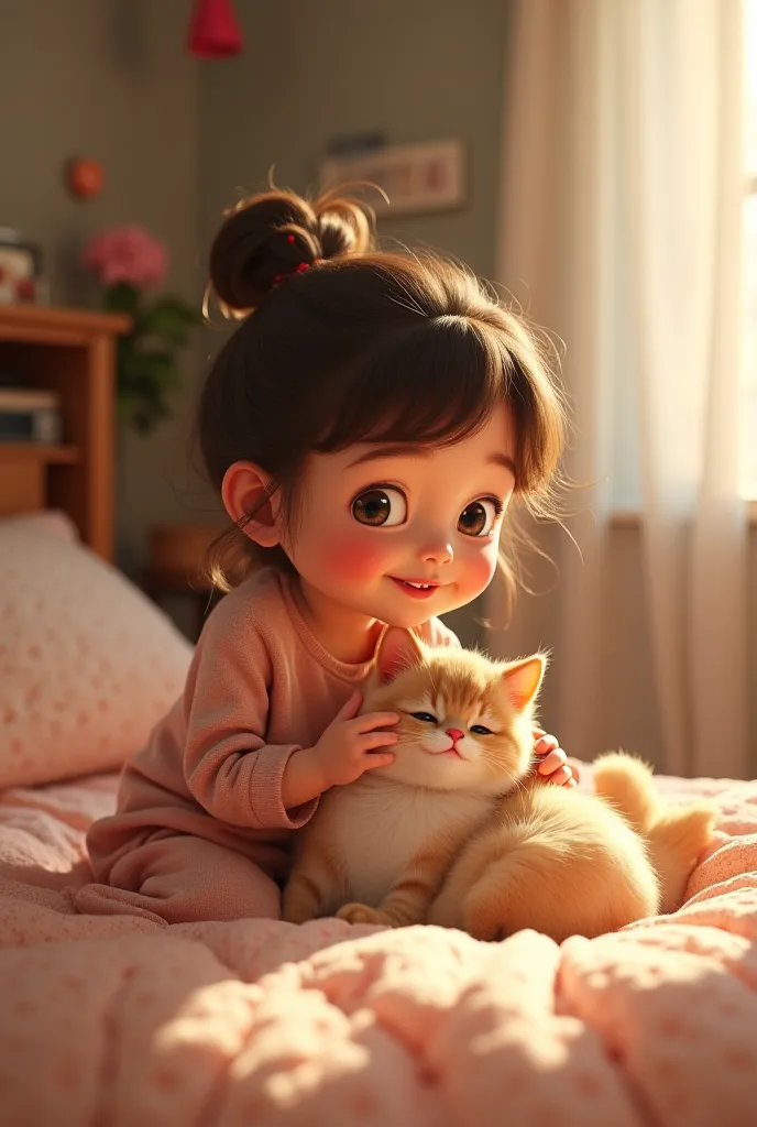 A  on the bed is playing with a fluffy cat 