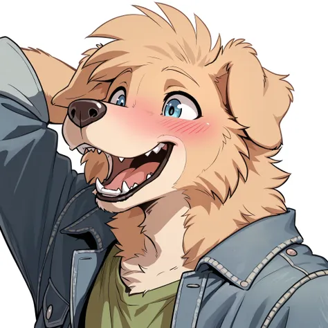 masterpiece, best quality, amazing quality, anthro golden retriever, male, solo, blue eyes, fangs, light brown fur, short hair, lean, tall man, head focus, denim jacket, green shirt, athletic, happy, open mouth, white background, hand behind head, blushing