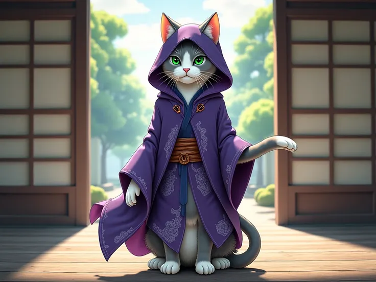 dojo background, anime, furry, male, 1 wizard cat, gray and white fur, green eyes, (purple ornamental hooded robe), (short:1.4, thin:1.4), (bare paw), BREAK,