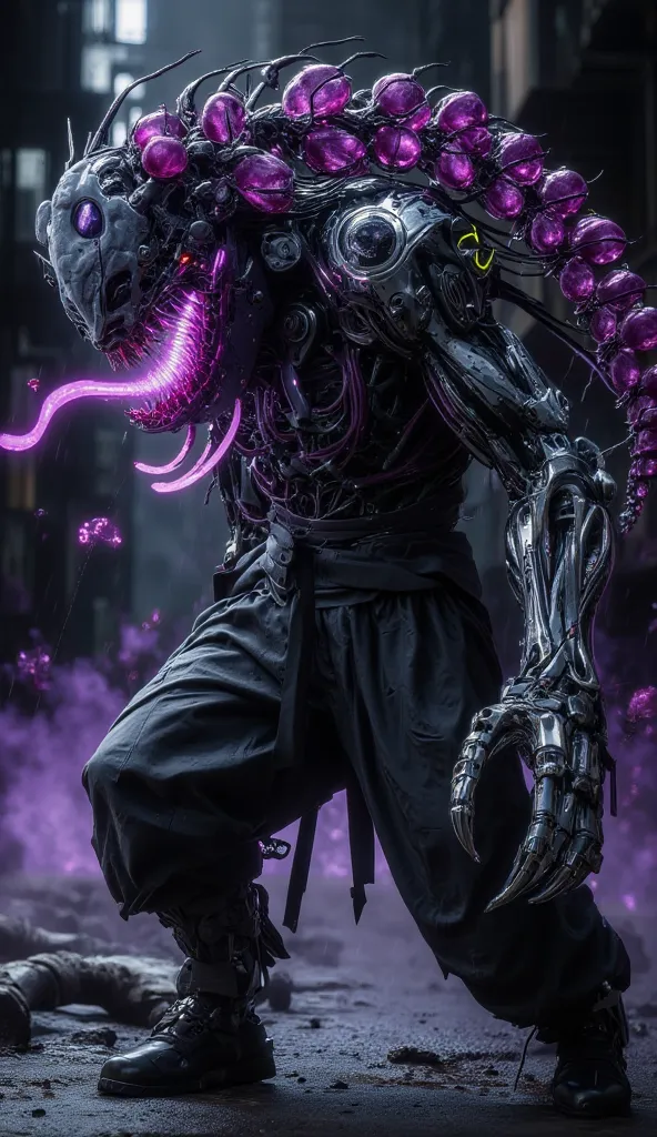 Hyper realistic image. High quality, 8K Ultra HD. Pennywise clown from 'IT', now infected by the Grape Virus, mutated into a bio-robotic and cybernetic hybrid monster. He is in a hunched posture giving a spooky scream. The environment is in a dark alley wi...