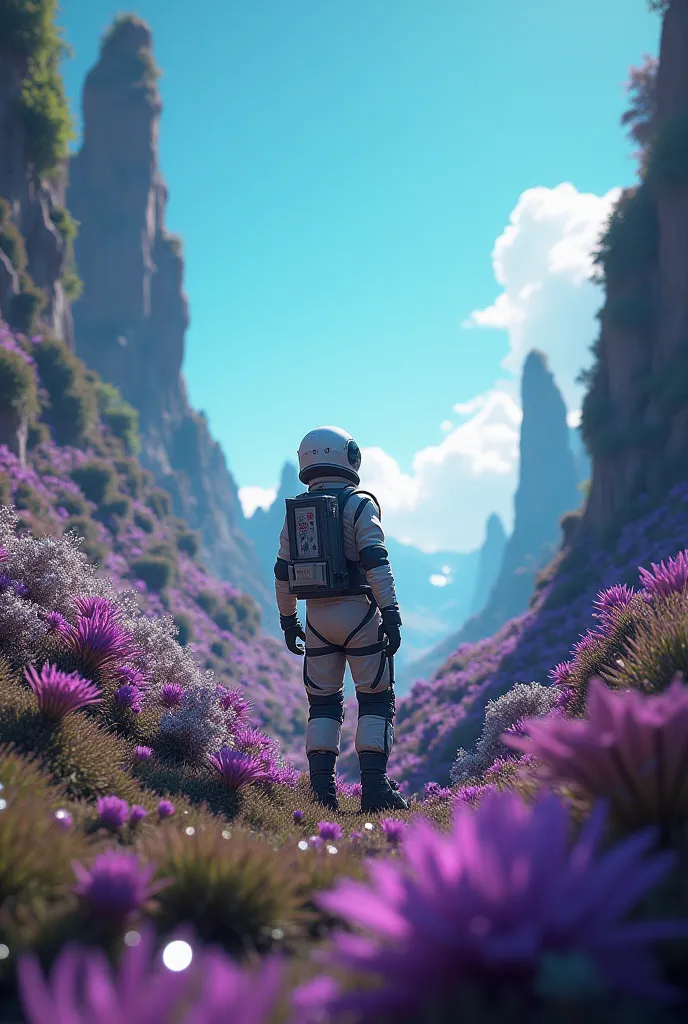 A scenario from the game No Man's Sky. A planet with flora. HD. top camera. An astronaut standing on his back admiring the landscape. cinematic. Tilt-shift camera 