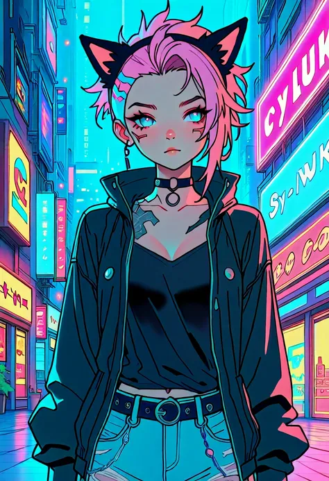 1girl, cyberpunk, punk style hair, asymmetrical haircut, cat ears, choker, neon colors, anime ,masterpiece, absurdres, best quality,