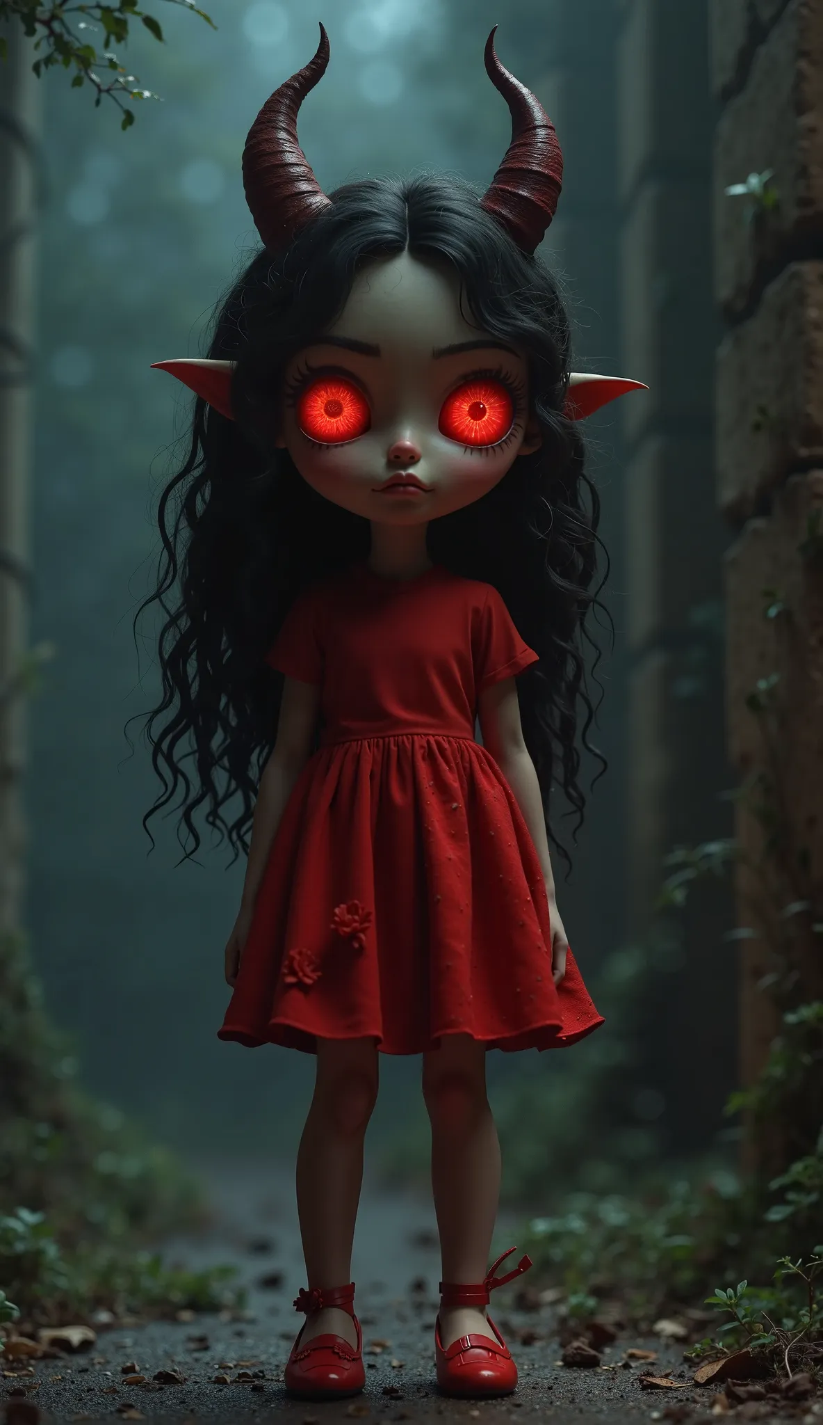 A  girl with an eerie yet captivating appearance stands in a dimly lit, mysterious environment. She wears a beautiful red frock and matching red shoes, giving her an innocent yet unsettling charm. Her thick, curly black hair cascades down her shoulders, fr...