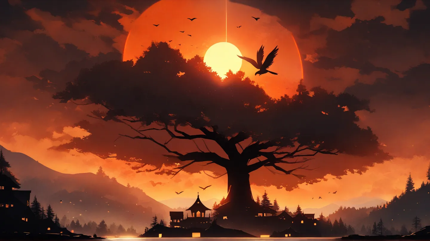 In a village at sunset time a lonly crow flying to go somewhere, at the crow's back a house under the big tree , Infront of the crow the huge sun is very red orange with high contrast 