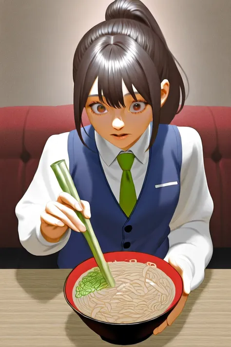 1 girl、chest is big、Realistic miso ramen、Slurping ramen、 Chinese Restaurant、White long sleeve shirt、Navy blue vest、 green tie 、 Gold、ponytail、left handed、Holding bamboo chopsticks in your left hand、Hold down a bowl of ramen with your right hand、The girl ha...