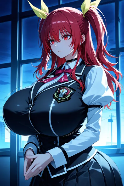 cowboy shot of ((Thicc)), ((gigantic breast)), ((gigantic ass)), 1girl, solo, stella vermillion, long hair, (red eyes:1.3), ribbon, twintails, hair ribbon, red hair, skirt, long sleeves, school uniform, juliet sleeves, blazer, black blazer, ribbon, red rib...