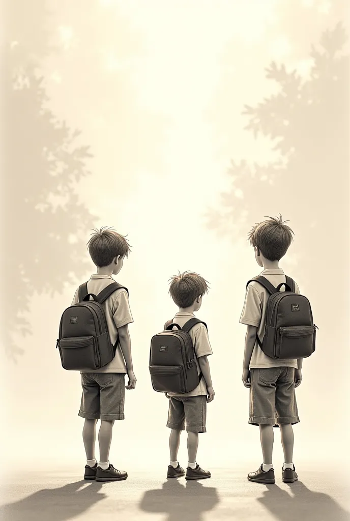  Three ren,2 boys standing with their backs, in his hand, the third turned half a turn and looks back, Each boy holds a school backpack, pencil drawing, black and white linearly graphic, minimalism, black and white graphics
A fascinating close-up of a beau...