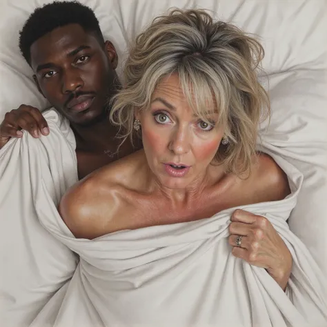 Realistic drawing sexy pretty white MILF 45 years old surprised in bed with a young black man , She is red and disheveled and covers herself with sheets