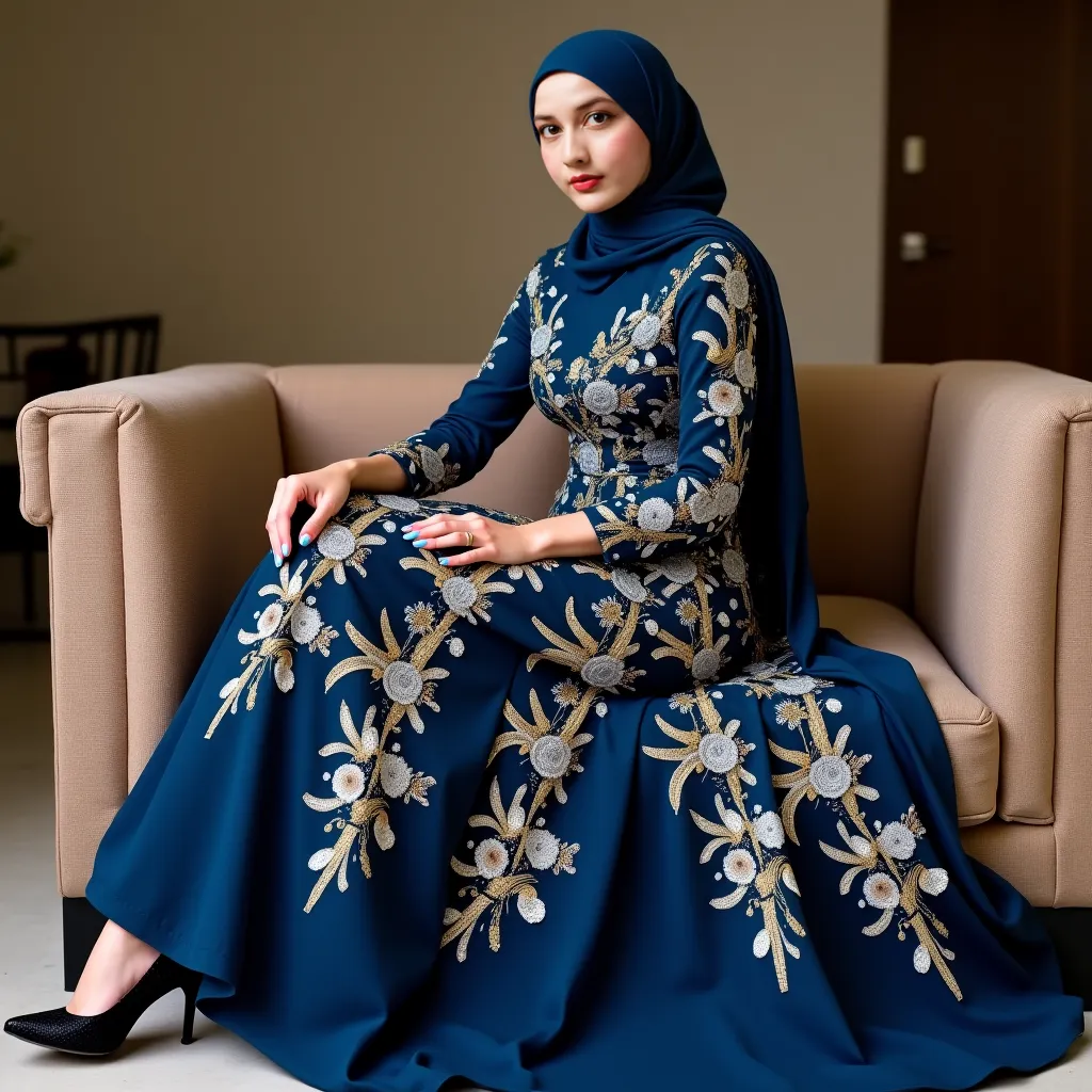 a woman of ideal posture , sit gracefully and confidently on the sofa. She wore a luxurious hijab and a dark blue evening gown with floral appliqués and gold embroidery. The mermaid cut dress.  There were sequin accents and 3D floral embroidery in light bl...