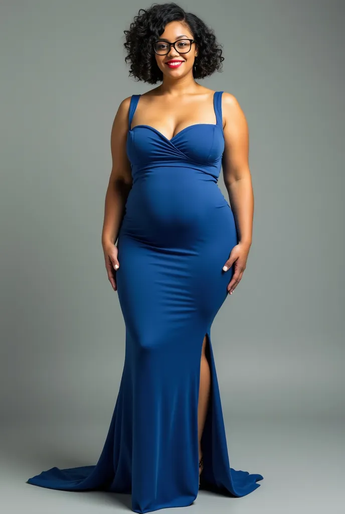 half-yellowish white-skinned woman, Short black hair in a black, curly hair, with very tight curls and shoulder length, with a sexy and long blue dress that highlights your grand curves, style with a slit in the thigh and glasses with frames not so thick f...