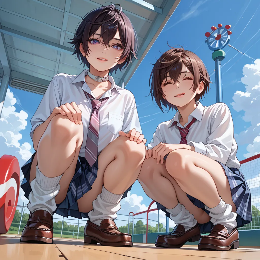 ((tomboy girl)),((Two high school girls)), ((dark brown Very Short Hair)), beautiful detailed hair, beautiful detailed face, beautiful detailed eyes, beautiful collarbone, beautiful body, beautiful legs, beautiful fingers, looking at the viewer, uniform, p...