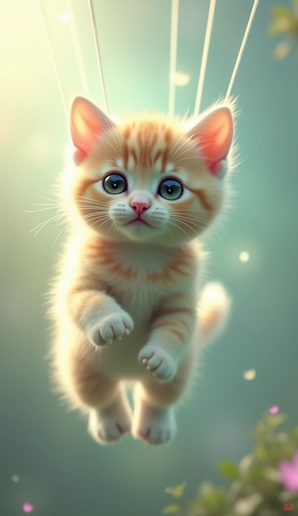 "A kitten floating down gently as if it has an invisible parachute, looking calm and relaxed while falling."