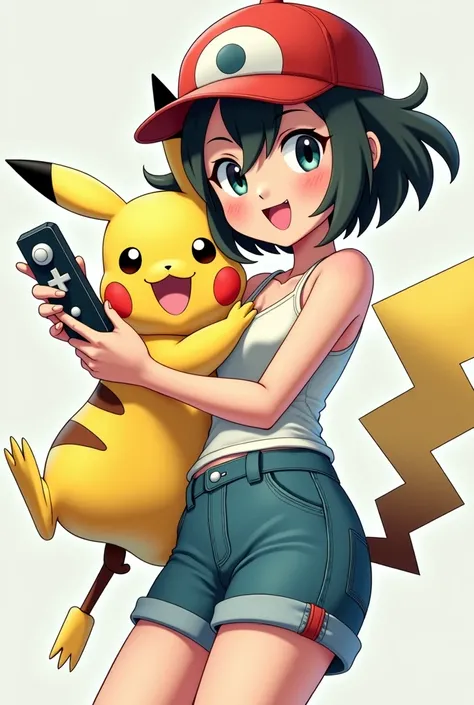 a close up of a person holding a nintendo wii controller, a digital rendering inspired by Junpei Satoh, dribble, shin hanga, misty from pokemon, pokemon trainer outfit, pokemon trainer, pikachu as a human, ash ketchum, insect trainer girl, female protagoni...