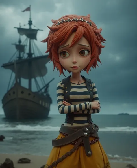 nami, 1girl, short hair, orange hair, solo, striped shirt, yellow skirt, looking at viewer, smile, brown eyes, upper body,hand on own hip,smile, score_9,beach,pirate ship score_8_up, score_7_up, score_6_up , use The color palette is a mix of muted blues an...