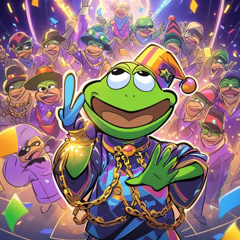 Hand-drawn illustration of Pepe the Frog in a monad-inspired form, celebrating a successful pre-sale with a joyful expression, holding a glass in one hand. Surrounding him are several unique purple-colored characters, each wearing different accessories lik...