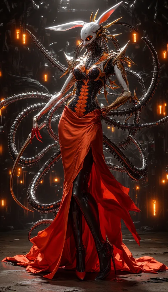 Hyper realistic image. High quality, 8K Ultra HD. Jessica Rabbit transformed into a terrifying and sensual bio-robotic entity by the Orange Virus. is dancing sensually, while Roger Rabbit dances too. Her iconic bright red dress is now a rotting organic fab...