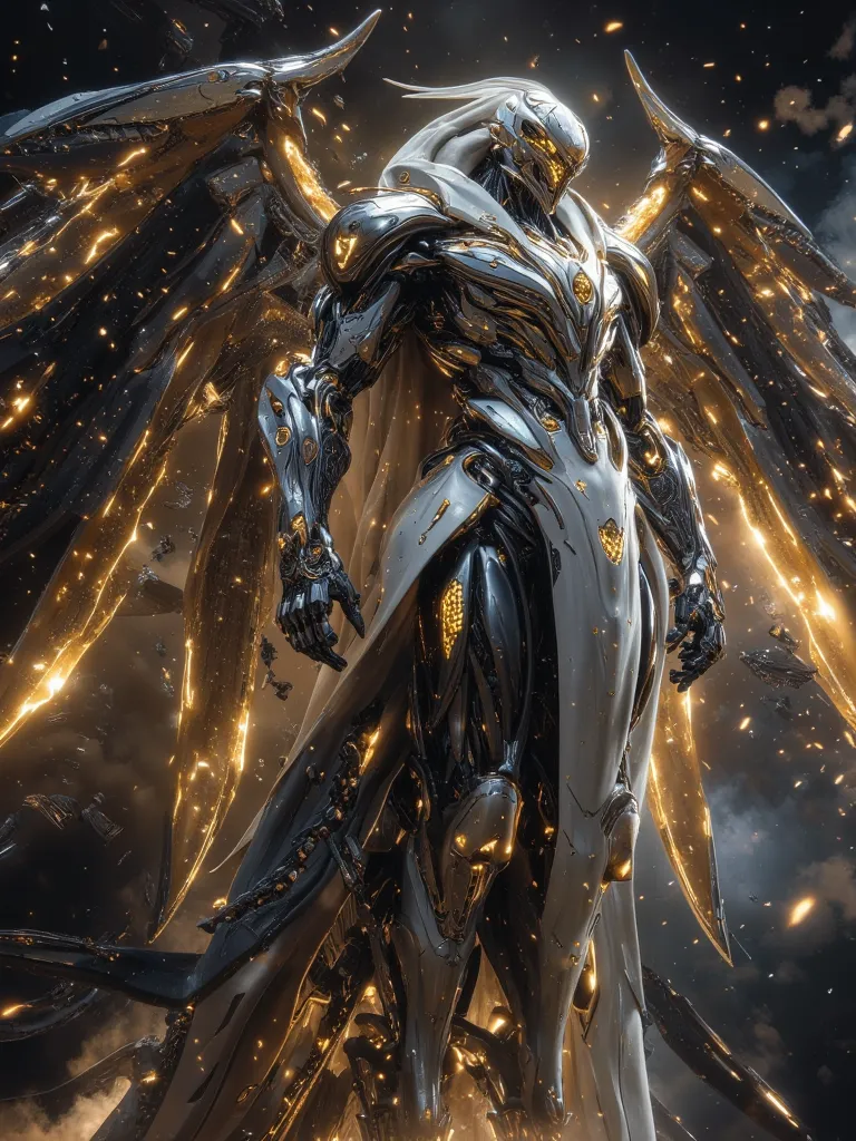 A towering celestial robot, constructed from ethereal metal with intricate glowing constellations embedded in its armor. Its body is sleek and futuristic, adorned with radiant golden and silver filigree. Its eyes shine like miniature galaxies, and energy w...