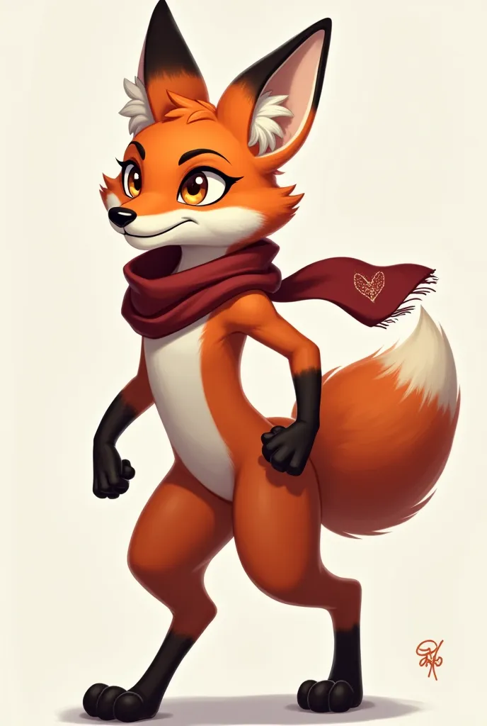 An anthropomorphic fox with an agile and elegant build, with an upright posture and a charismatic presence. His coat is mostly reddish orange, with his chest , the tip of the tail and the white snout. The legs and tips of his ears are black, giving it a di...