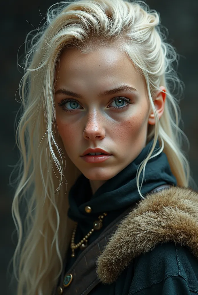 Photo of an elegant and twenty-year-old Viking girl , Blondes , dirty and greasy hair , eyes blue ,Well-defined facial contours, represents a beautiful and emotional moment