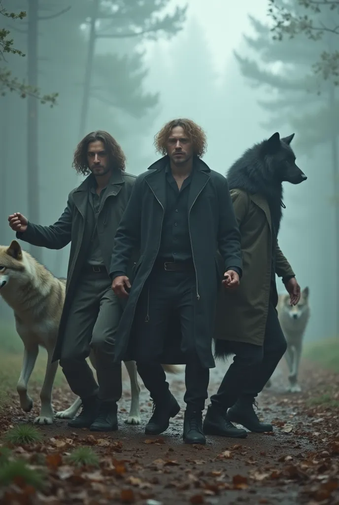 dancing,  8K Ultra HD, 3 men ,  each with different colored hair , behind each of them a wolf, Behind one is the brown , behind the other there is a black, And after the other there is a gray, In the background there may be a forest and a fog surrounding t...