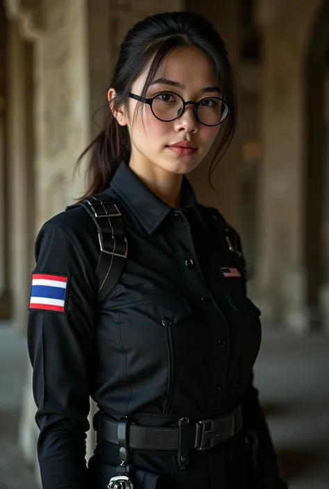 30 years old thai Asian woman with glasses with ponytail hair wearing modern black tactical outfits with Thailand Flag patch like special force captain, underground ancient temple background , serious, resident evil atmosphere