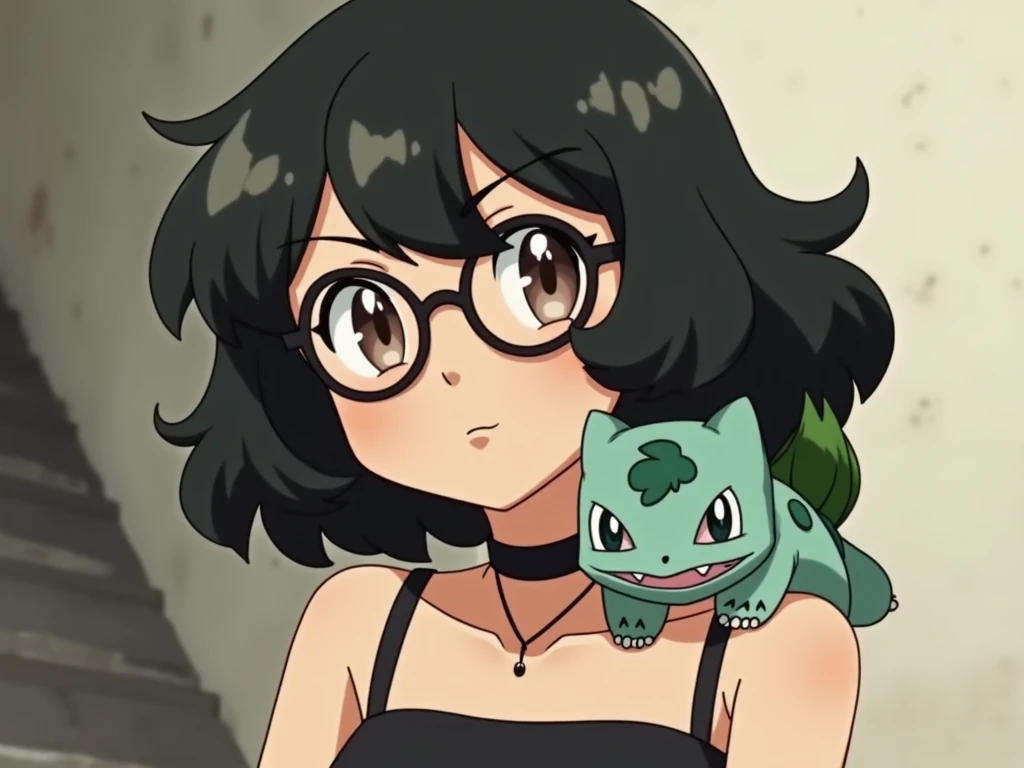 Return the anime-style image reference to " Pokemon " preserving the features of the original image of the girl with wavy black hair, toothy smile, brown eyes,  black collar on the neck , black leather and black square lenses, lenses with a Bulbasaur on th...