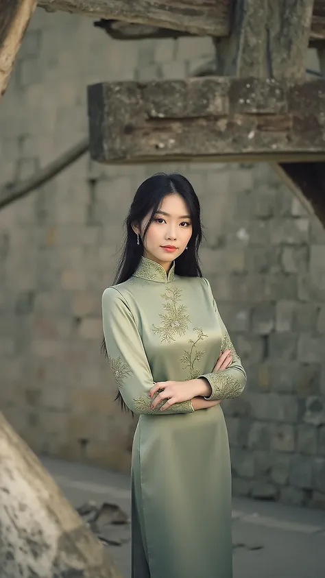 A highly detailed, ultra-realistic photograph of a sophisticated Vietnamese woman, 18 years old, wearing a traditional silk áo dài in soft sage green, standing confidently in matching high heels. She has long black hair, porcelain skin, and delicate facial...