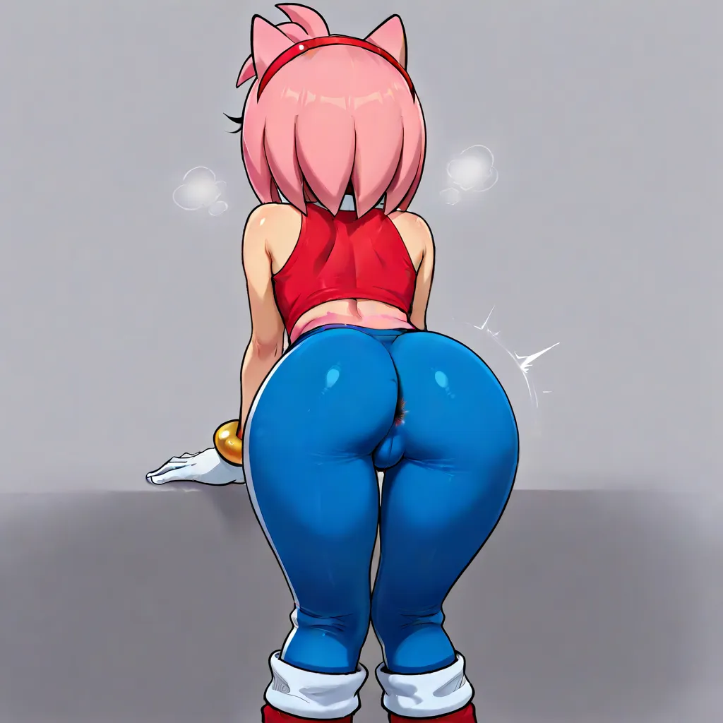 Amy Rose, a woman in blue leggings bending over slightly and showing her ass off, solo, 1boy, male focus, ass, blonde hair, pants