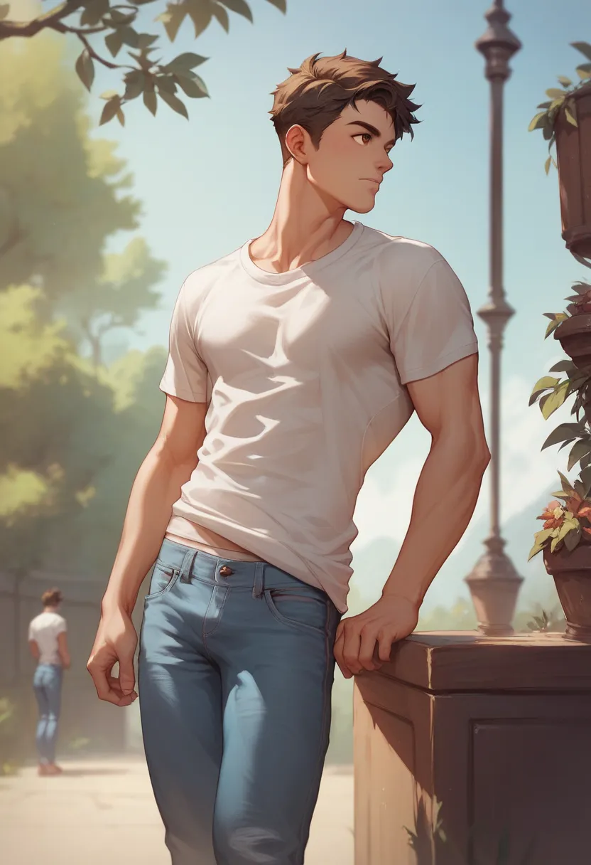 A man, handsome, athletic body, short dark brown hair, brown eyes, no hair body, loose white t-shirt, baggy jeans, in a casual setting, looking to the left.