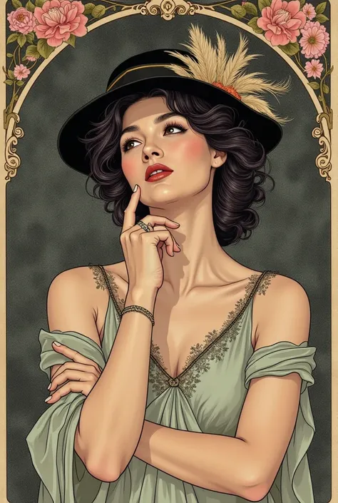 Vintage Art Nouveau illustration. A beautiful young woman with dark hair. Beautiful graceful, flowing pose.A thoughtful expression on his face. The hair is intricately arranged in the form of wavy, beautiful strands intricately intertwined with each other....