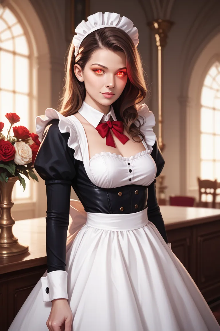 A Girl with red glowing eyes long brown hair that faits into gray at the tips wearing a Classic long Maid dress