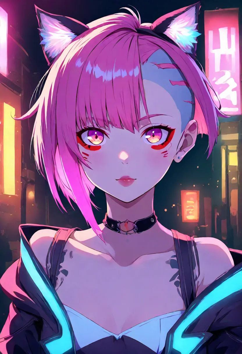 1girl, cyberpunk, punk style hair, asymmetrical haircut, cat ears, choker, detailed light, light leaks, beautiful detailed glow, masterpiece, absurdres, best quality,