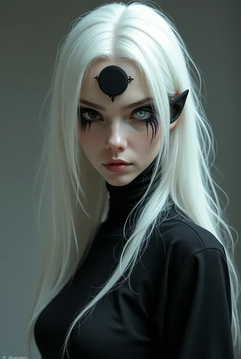 White haired woman with black on its underside, right iris is black and left iris is white, 195cm, muscular lean body, black circular mark on forehead