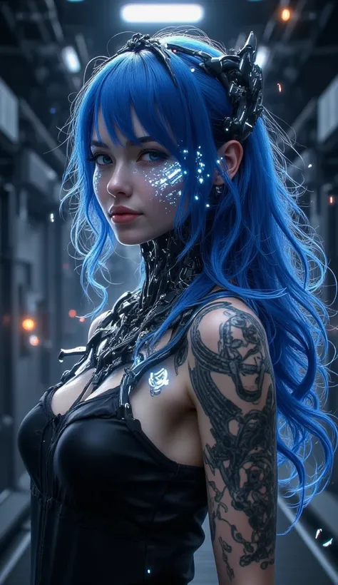 A mysterious woman with deep blue hair, geometric cyberpunk tattoos glowing faintly on her face. Her knowing smirk suggests hidden secrets.