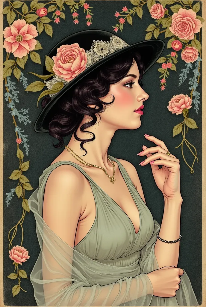 Vintage Art Nouveau illustration. A beautiful young woman with dark hair. Beautiful graceful, flowing pose.A thoughtful expression on his face. The hair is intricately arranged in the form of wavy, beautiful strands intricately intertwined with each other....