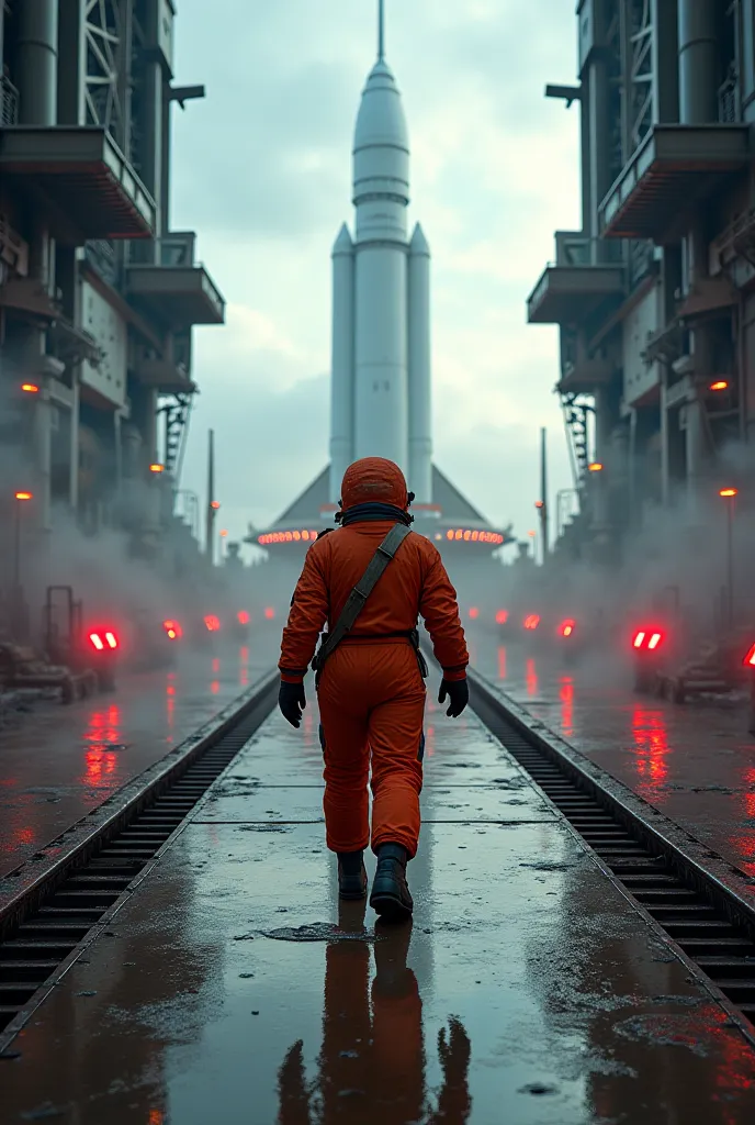 An ultra-realistic image in the point of view style (throw), capturing an astronaut's first-person perspective walking alone to the launch pad. Your hands, covered by the gloves of the orange spacesuit from the Vostok 1, shake slightly at each step. The me...